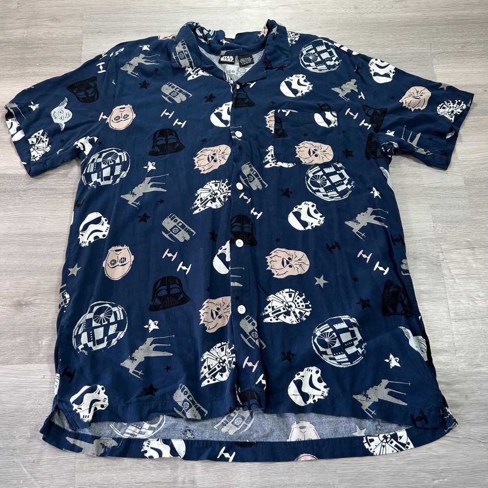 Star Wars Shirt Mens Large Blue Darth Vader Chewbacca Short Sleeve Button Up‎